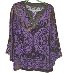 Alfani Women's Purple Burnout LS Bead Trim Blouse Shirt Top Tunic‎ Size 6